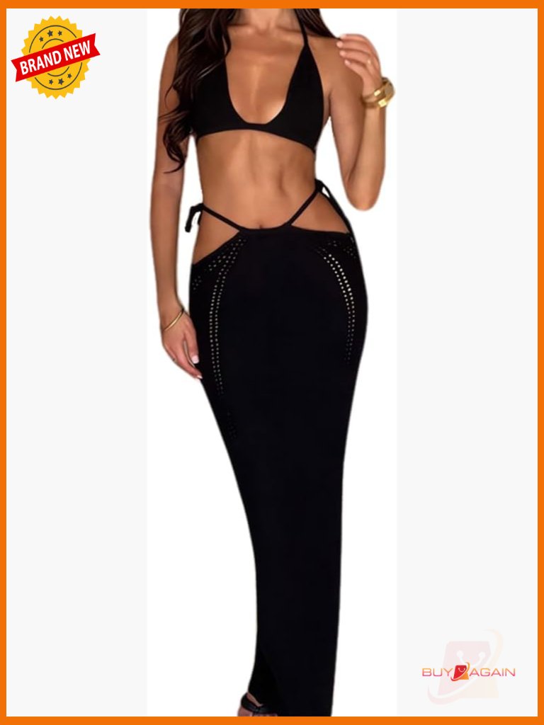 Sexy Backless Knitted Hollow Out 2 Piece Swim Cover Up Set Slim Beach Dress